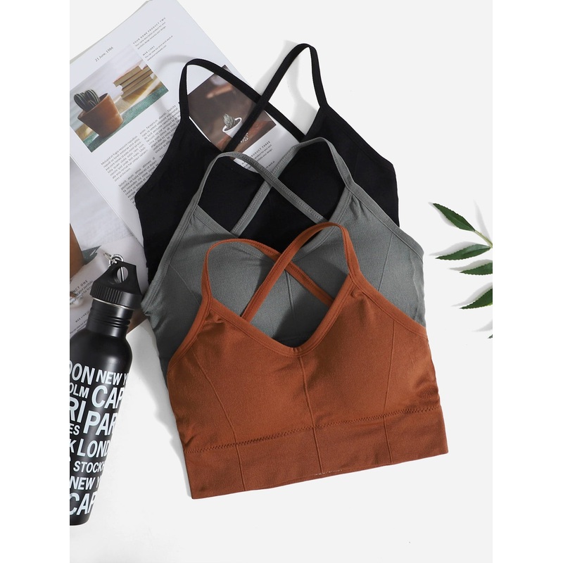 3pcs Medium Support Seamless Solid Sports Bra