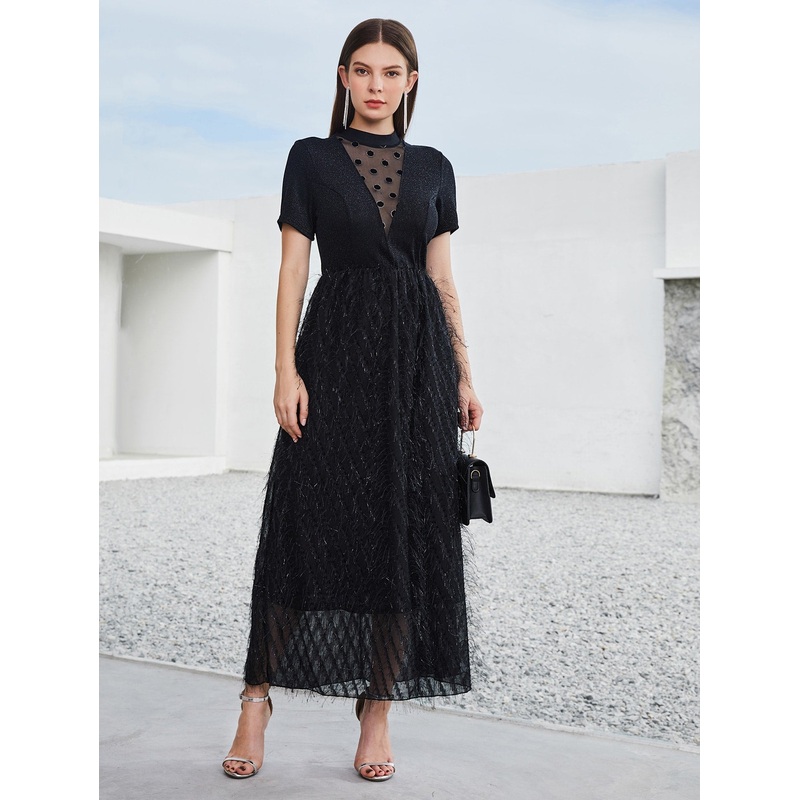 Contrast Dobby Mesh Fringe Trim Dress