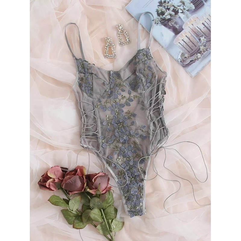 Floral Embroidered Mesh Lace-up Teddy Bodysuit