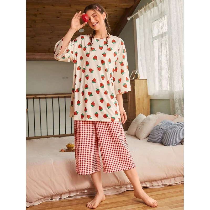 Strawberry Print Top & Gingham Capri Pants PJ Set