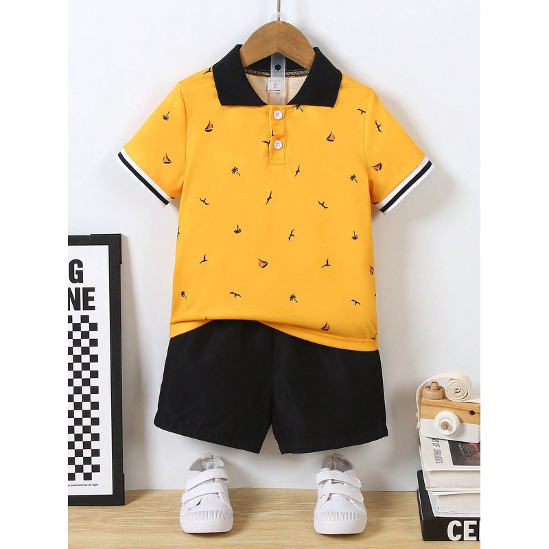 Young Boy Casual Polo Collar T-Shirt Set, Summer Outfit For Getaway, Holiday, Travel, Relax, Sunbathing