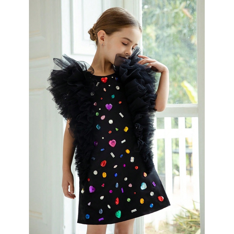 Young Girl’s Handmade Crystal Net Tulle Sleeveless Easter Party Dress, Elegant Princess Gown For Girls