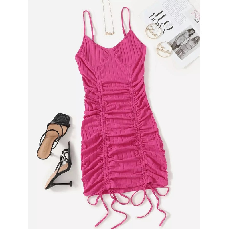 Drawstring Ruched Rib Knit Cami Bodycon Dress