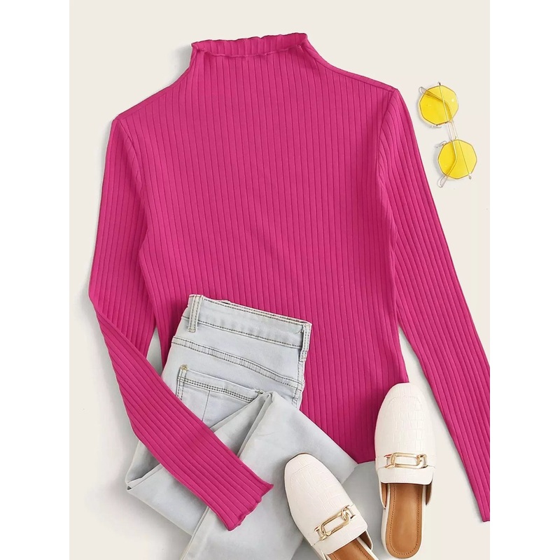 Neon Pink Lettuce Trim Rib-knit Tee