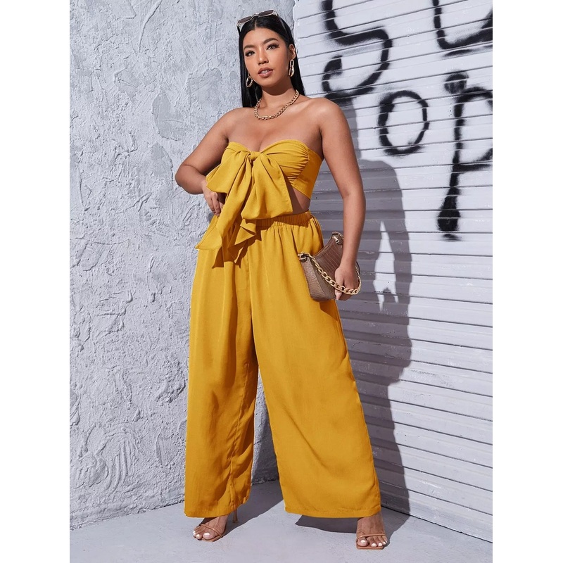 Plus Tie Front Tube Top & Wide Leg Pants