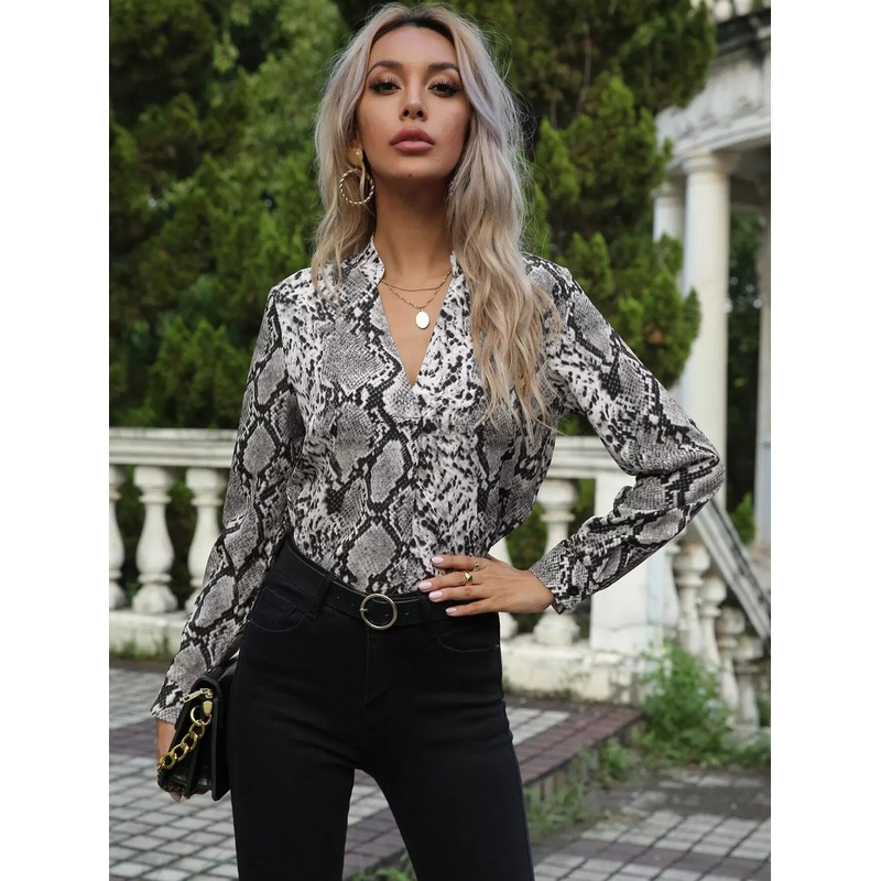Snakeskin Print Notched Neck Blouse