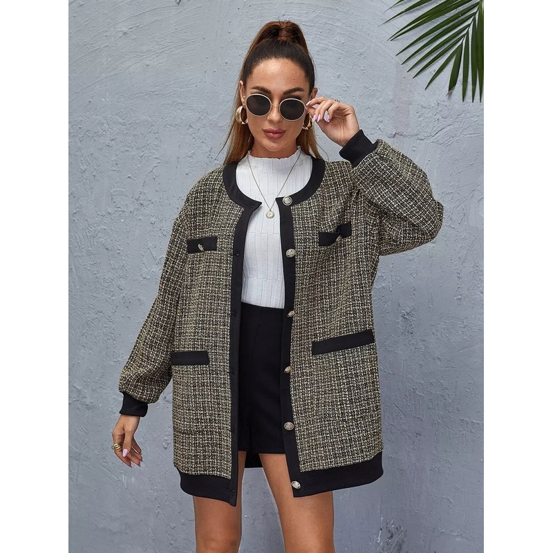 Button Front Drop Shoulder Tweed Coat