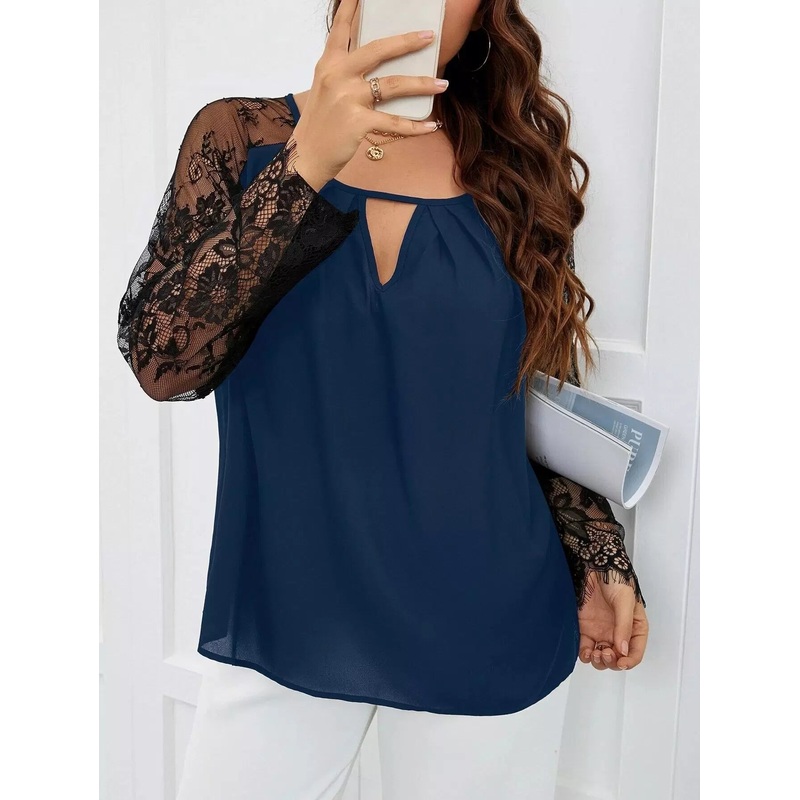 Plus Contrast Lace Raglan Sleeve Keyhole Neck Blouse