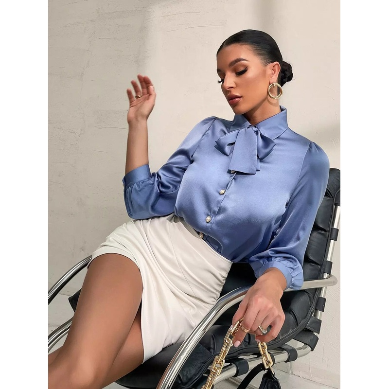 Tie Neck Bishop Sleeve Blouse|M