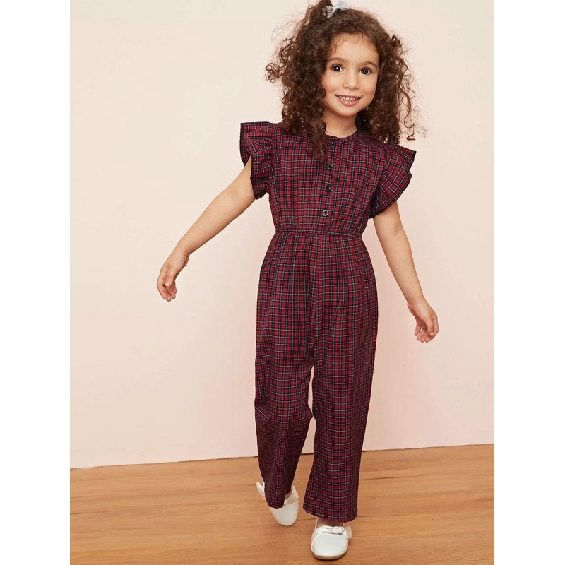 Toddler Girls Plaid Ruffle Cuff Button Front Jumpsuit