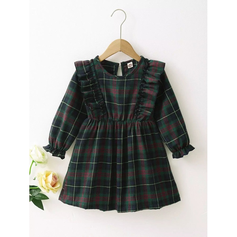 Toddler Girls Ruffle Trim Tartan Smock Dress