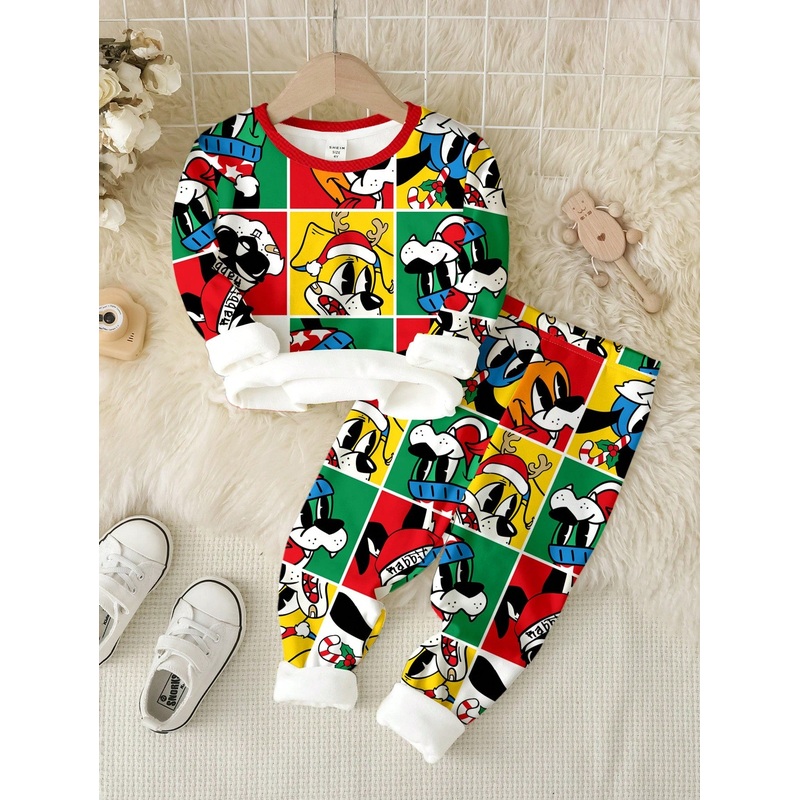 Young Boy Casual Minimalist Snug Fit Cartoon Pattern Long Sleeve Crew Neck Pants Loungewear, Suitable
