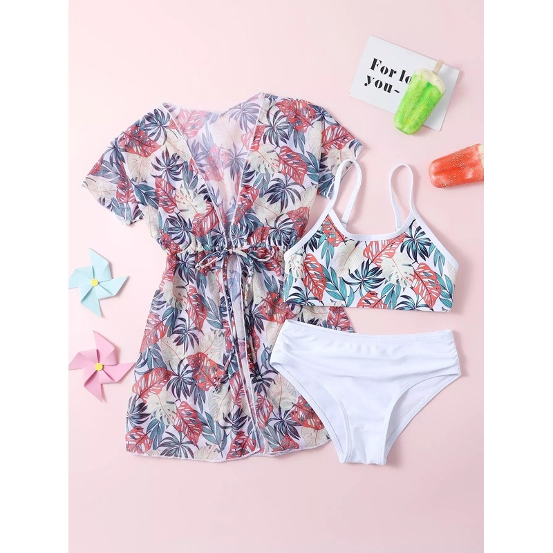 3pack Toddler Girls Tropical Print Bikini Swimsuit & Kimono