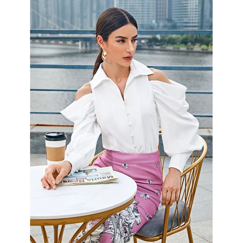 Cold Shoulder Ruched Lantern Sleeve Blouse