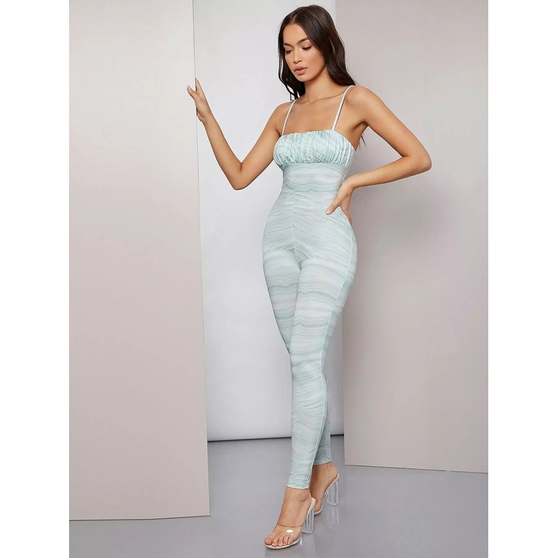 Ruched Bust Marble Print Unitard Jumpsuit