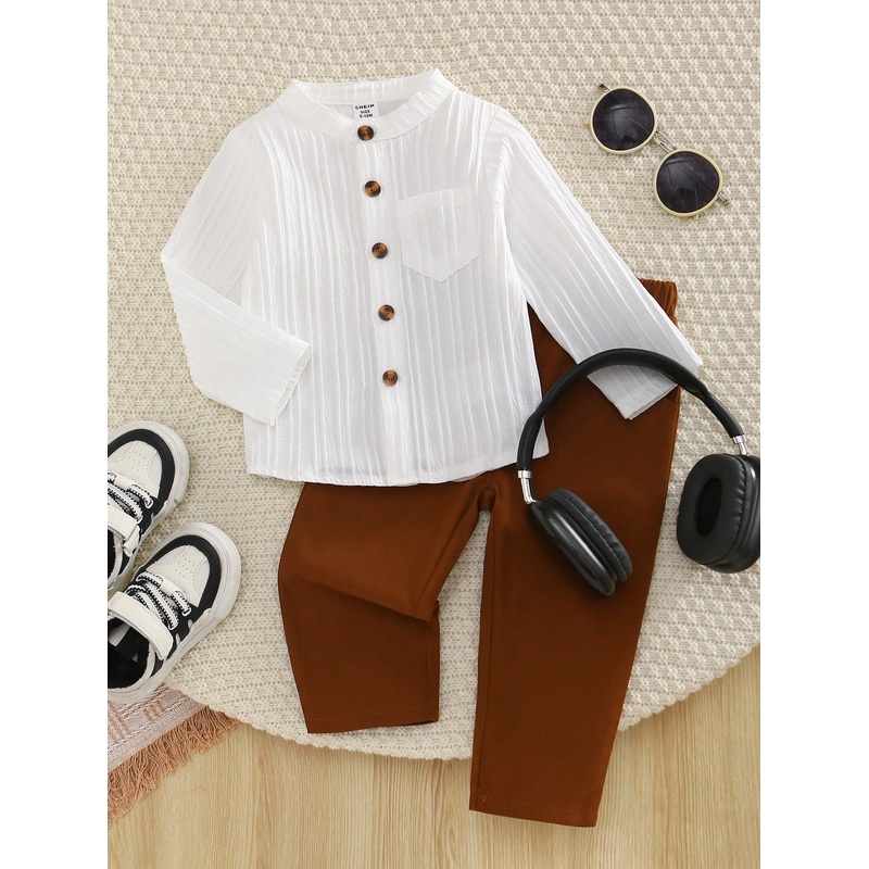 1 Set Toddler Boys’ Stand Collar Textured Fabric Shirt With Pants, Designed With Quality Fabrics To Provide