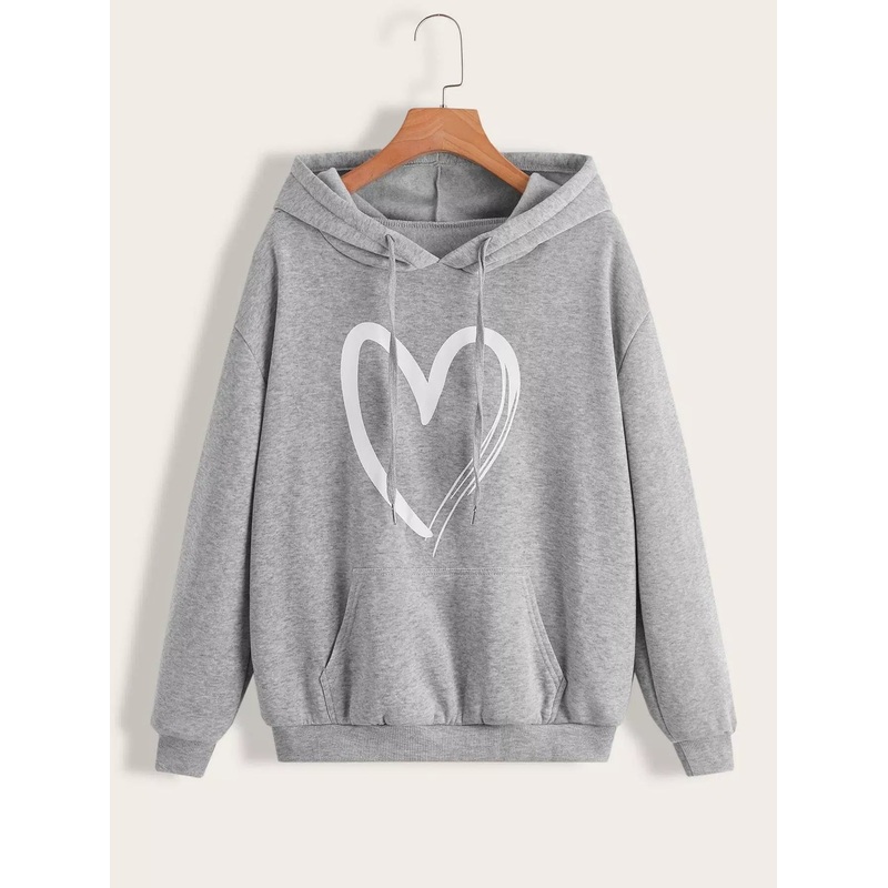 Heart Print Kangaroo Pocket Drawstring Hoodie