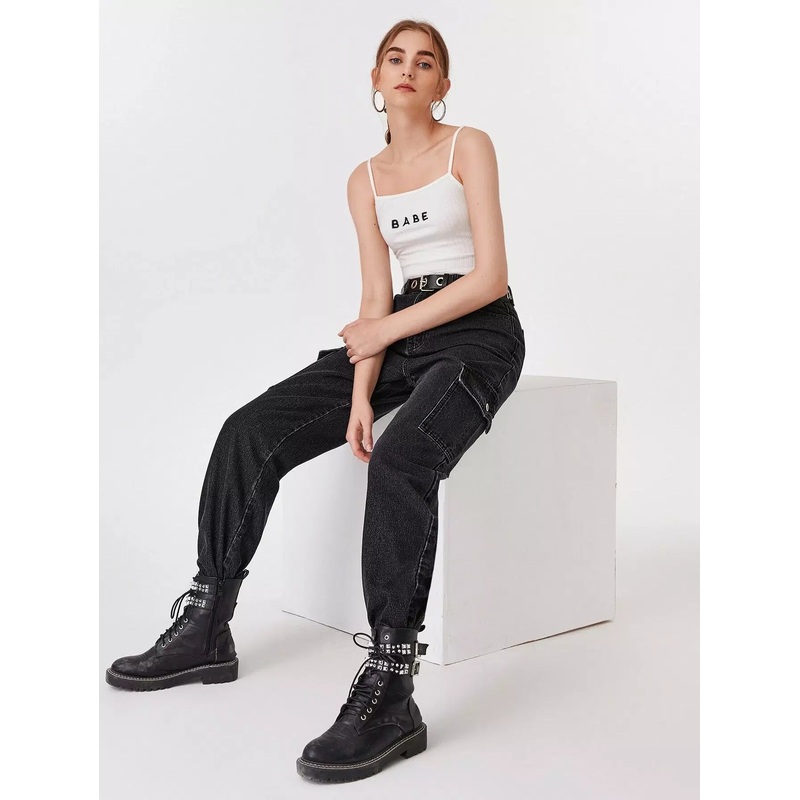 High Waisted Flap Pocket Cargo Jeans Without Belt