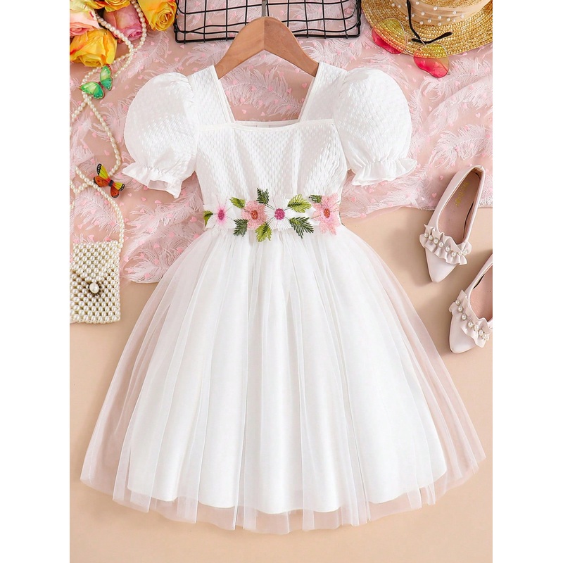 Young Girl Wedding Season White Princess Dress With Waistband Floral Print, Short Sleeve A-Line Puffy