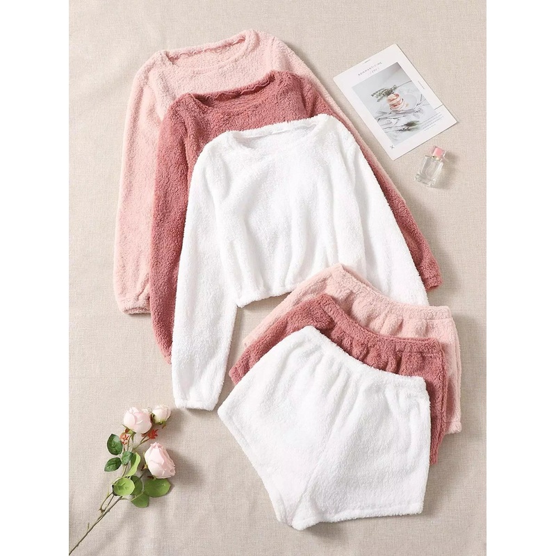 3sets Flannel Top & Shorts PJ Set