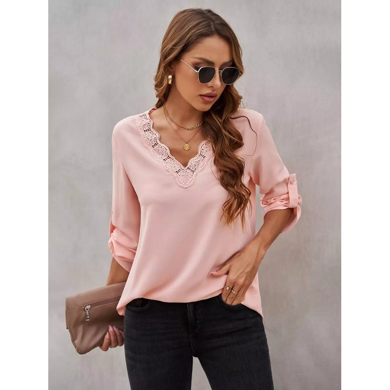 Contrast Lace Roll Up Sleeve Blouse