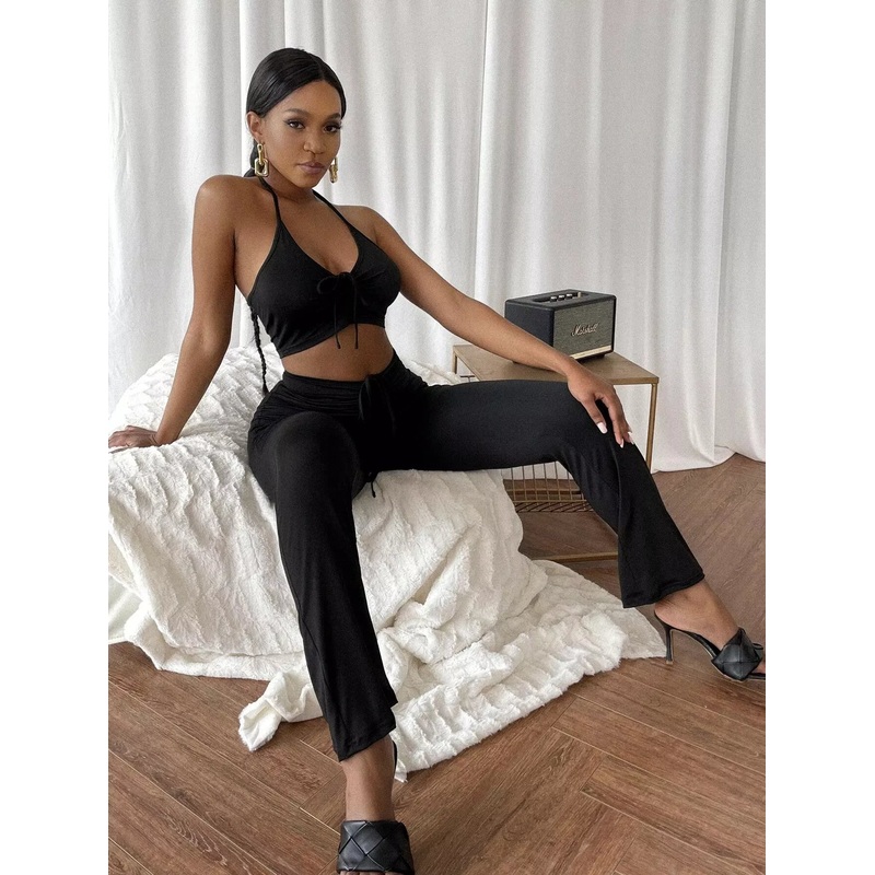 Drawstring Knot Halter Top & Pants Set