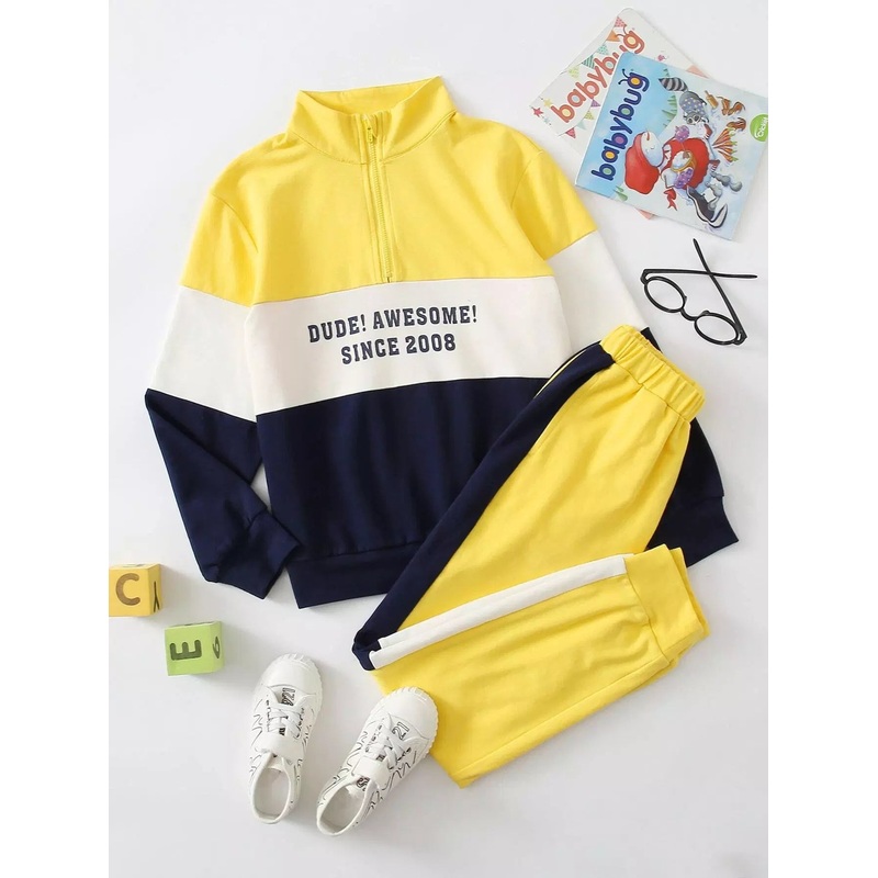 Boys Letter Graphic Colorblock Pullover & Pocket Side Sweatpants Set