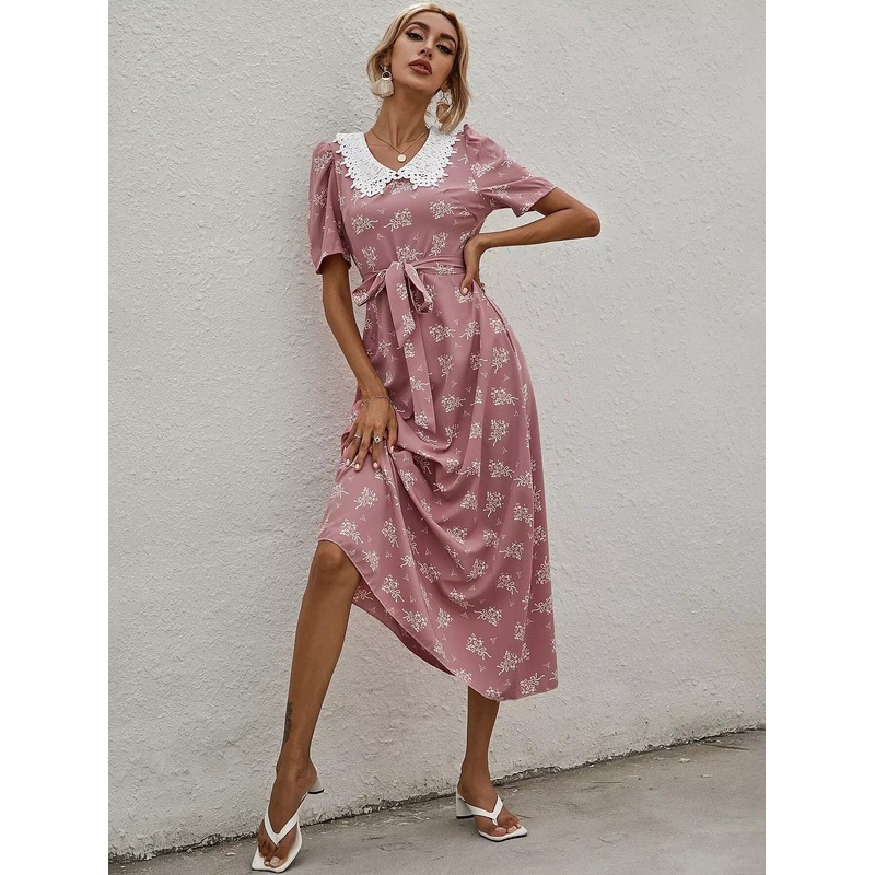 Contrast Lace Doll Collar Floral Dress Without Belt