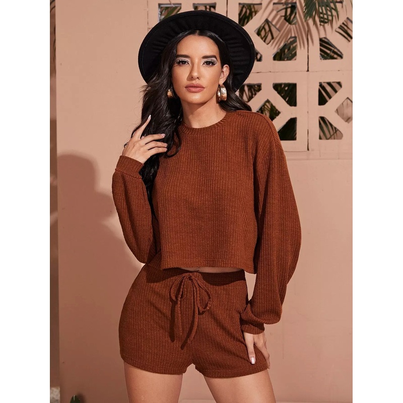 Drop Shoulder Crop Top & Shorts Set