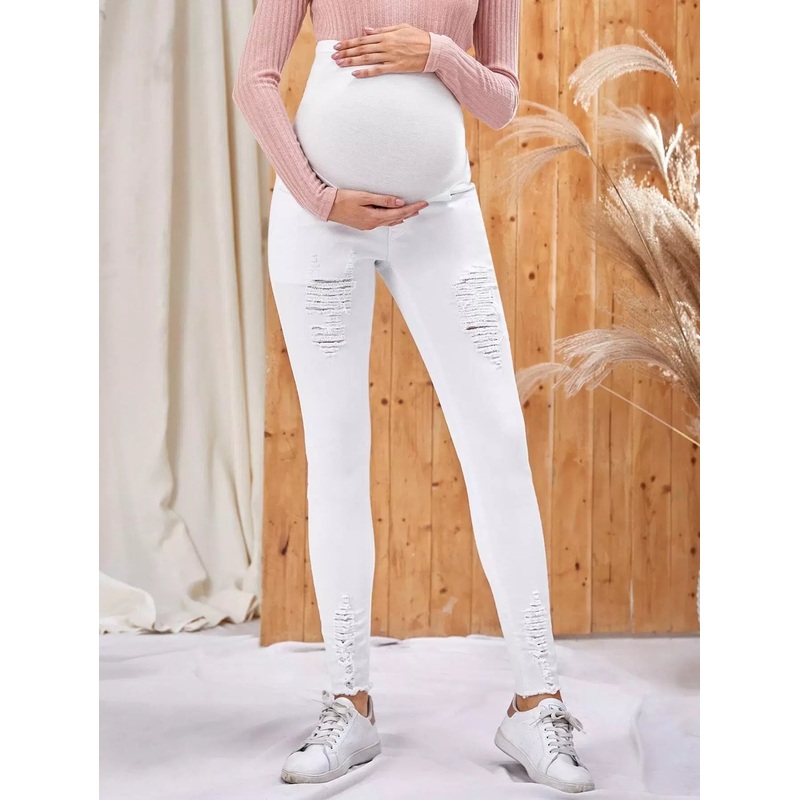 Maternity Slant Pocket Ripped Wide Waistband Jeans