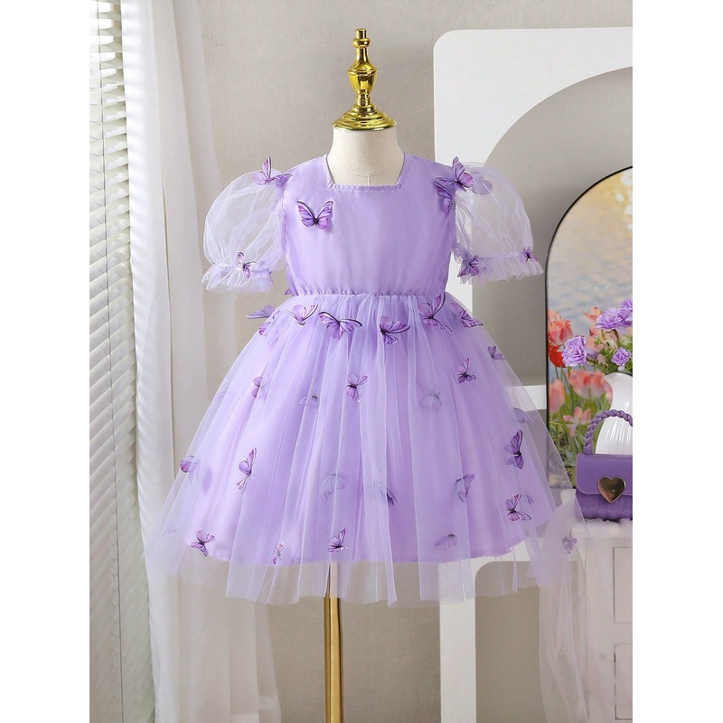 Young Girl Ethereal 3D Butterfly Decor Mesh Puff Sleeve Mini Dress