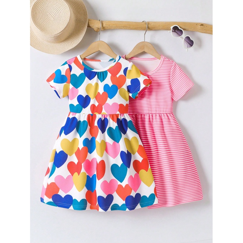 Young Girls Colorful Heart Print & Striped 2 Pieces Short Sleeve Dress, Multi-Piece Set Provides Options,