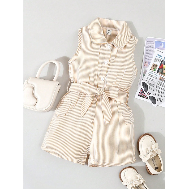 Young Girls’ Fashionable Stripe Button Down Sleeveless Romper, Summer