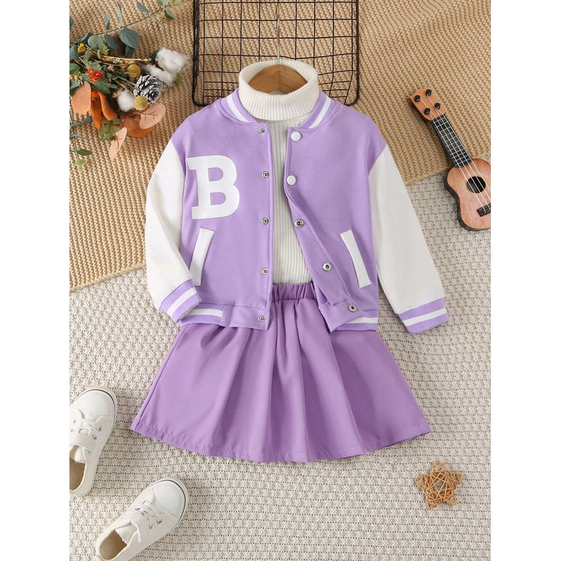 Young Girl Baseball Collar Color Block Button Front Long Sleeve Jacket + Purple Elastic Waist Pleated