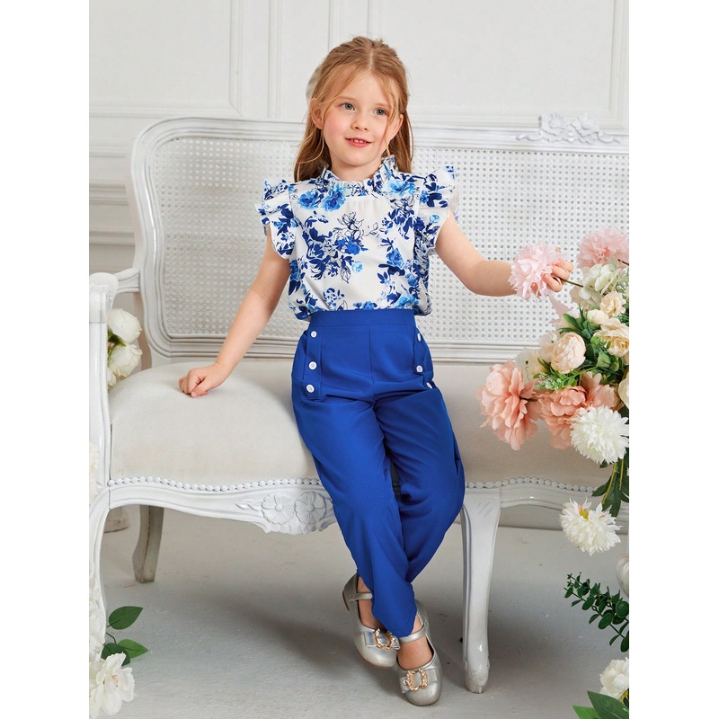 Young Girl Floral Print Ruffle Trim Blouse & Pants Set