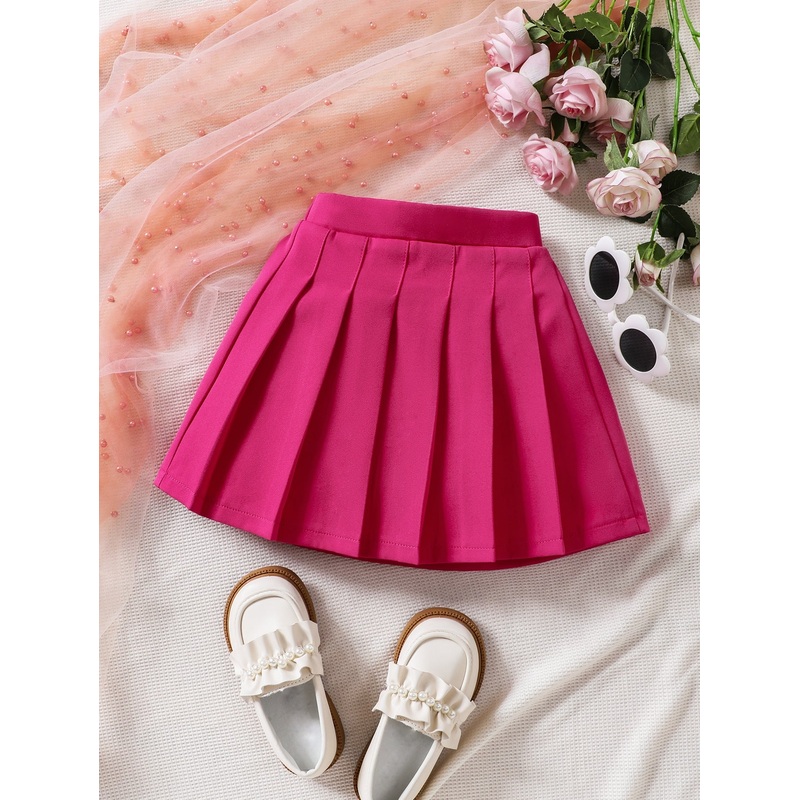 Young Girl Solid Pink Casual Pleated Skirt, Versatile Fashion For Summer