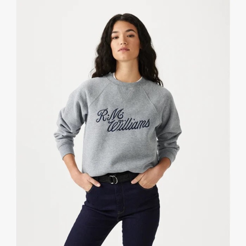 R.M.Williams – Womens Script Crew Neck Fleece – Grey-Blue
