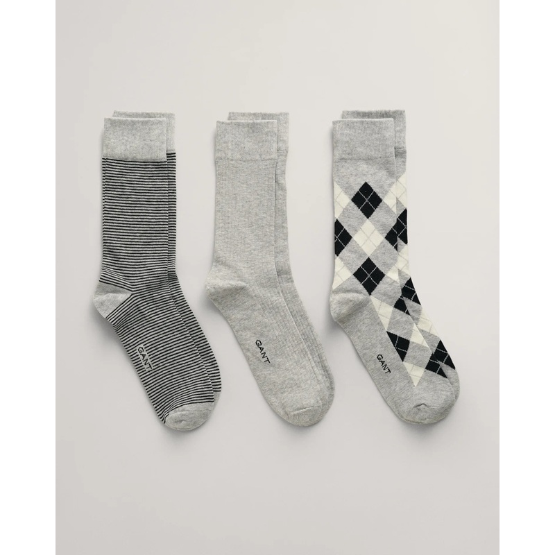 GANT – 3-Pack – Argyle Socks – Light  Grey Melange & Black