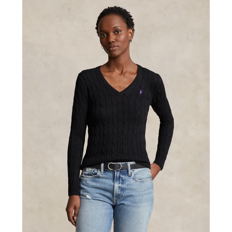 Polo Ralph Lauren – Cable-Knit Cotton V Neck Jumper – Black