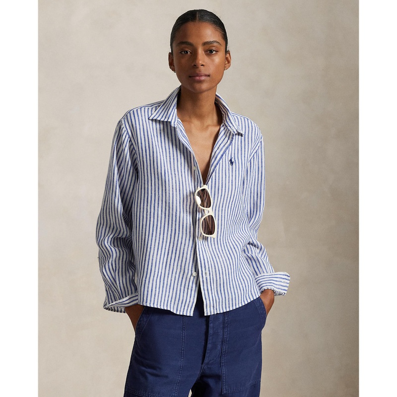 Polo Ralph Lauren – Wide Cropped Linen Shirt – Stripe – White & Blue