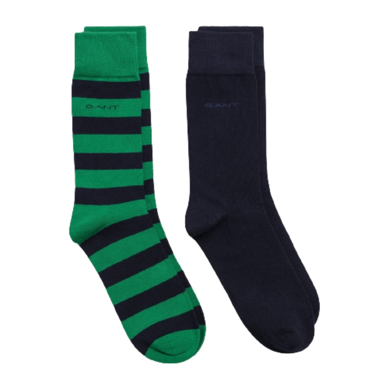 GANT – 2 Pack Bar Stripe & Solid Socks – Lavish Green | Bright Red | College Blue